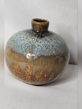 Studio Pottery Bud Vase Crystalline Drip Glaze Earth Tones MCM Round 4"